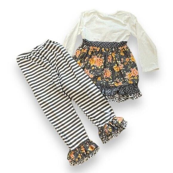 Dash of Glitter Girls M Floral Stripe Ruffle Shirt Pant Outfit White Gray - Picture 2 of 5